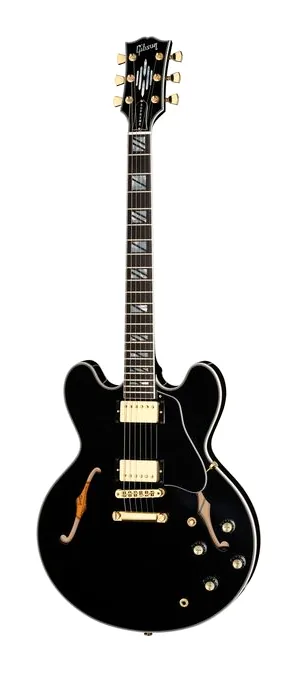 Gibson ES Supreme Gloss Ebony inquadrato di fronte su sfondo neutro
