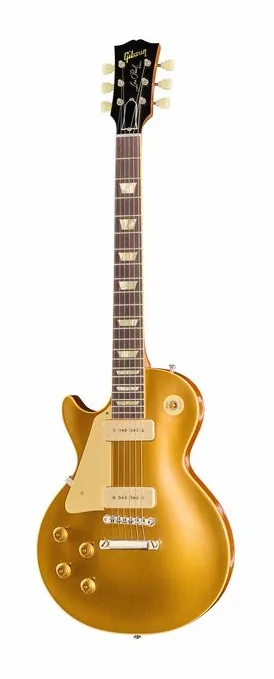 Gibson Les Paul 56 Goldtop VOS LH inquadrato di fronte su sfondo neutro