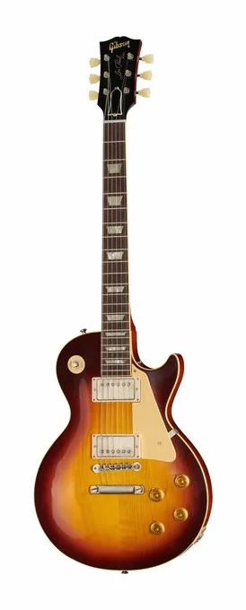 Gibson Les Paul 58 Bourbon Burst ULA inquadrato di fronte su sfondo neutro