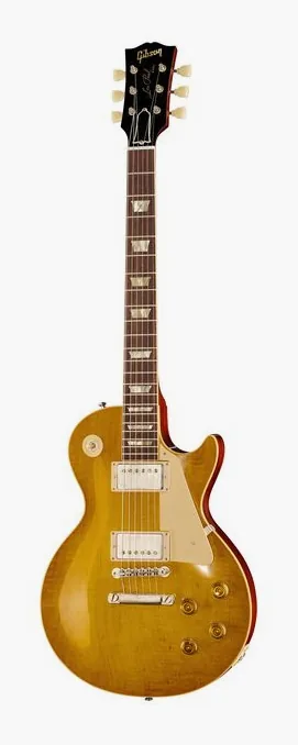 Gibson Les Paul 58 Lemon Burst VOS inquadrato di fronte su sfondo neutro