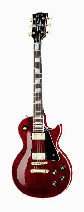 Gibson Les Paul Custom 70s Wine Red inquadrato di fronte su sfondo neutro
