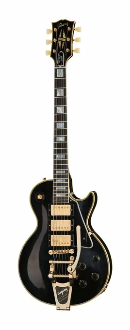 Gibson LP 57 Custom 3PU Bigsby LA inquadrato di fronte su sfondo neutro