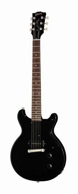 Gibson LP Junior Double Cut Ebony inquadrato di fronte su sfondo neutro
