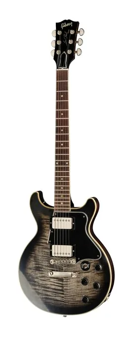 Gibson LP Special DC Figured Top CB inquadrato di fronte su sfondo neutro