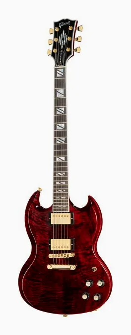 Gibson SG Supreme Wine Red inquadrato di fronte su sfondo neutro
