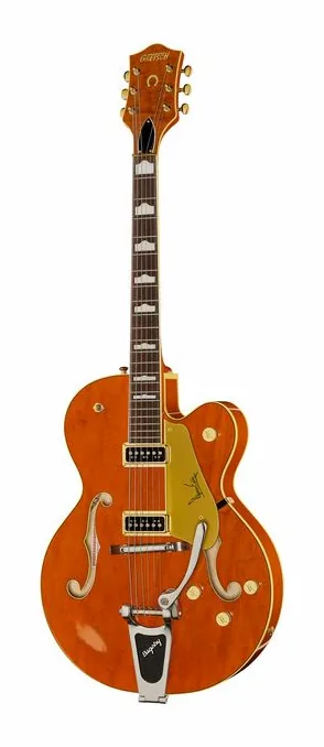 Gretsch G6120DE Duane Eddy inquadrato di fronte su sfondo neutro