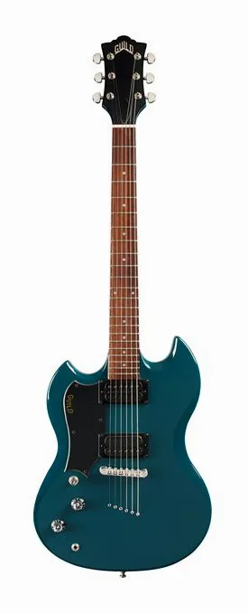 Guild Polara LH Blue Steel inquadrato di fronte su sfondo neutro