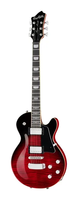 Hagstrom Super Swede Crimson Flame inquadrato di fronte su sfondo neutro