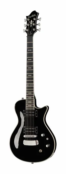 Hagstrom Ultra Swede Black Gloss inquadrato di fronte su sfondo neutro