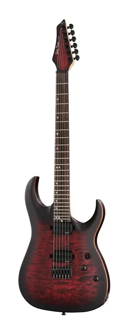 Harley Benton Amarok-6 BKRD Quilted Burst fotografato frontalmente