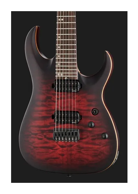 Harley Benton Amarok-7  BKRD Quilted Burst, capotasto e prime posizioni della tastiera