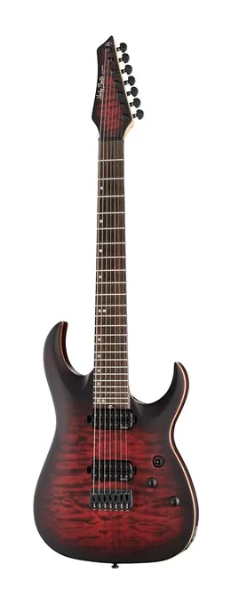 Harley Benton Amarok-7 BKRD Quilted Burst fotografato frontalmente