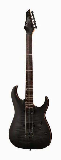 Harley Benton Amarok-BT BKNT Flame Burst inquadrato di fronte su sfondo neutro
