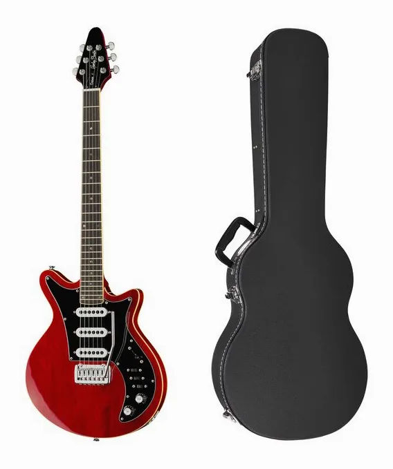 Harley Benton BM-75 Trans Red Deluxe w/Case inquadrato di fronte su sfondo neutro