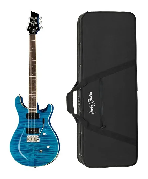Harley Benton CST-24T P90 Ocean Flame w/Case inquadrato di fronte su sfondo neutro