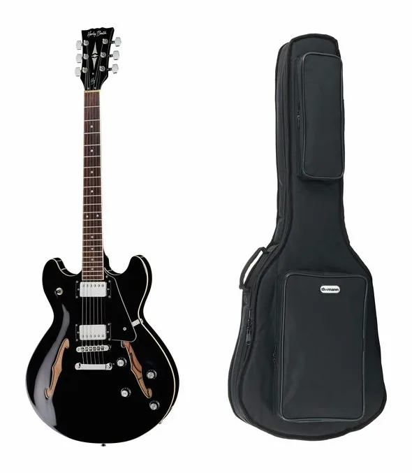 Harley Benton HB-35 BK Vintage Series w/Bag inquadrato di fronte su sfondo neutro
