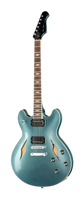 Harley Benton HB-35TL Tesla Pelham Blue inquadrato di fronte su sfondo neutro