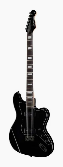 Harley Benton JA-Baritone P90 BK inquadrato di fronte su sfondo neutro