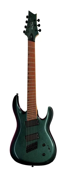 Harley Benton R-457FFB Roasted MultiScale inquadrato di fronte su sfondo neutro