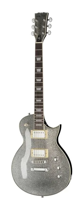 Harley Benton SC-Custom III Silver Sparkle inquadrato di fronte su sfondo neutro