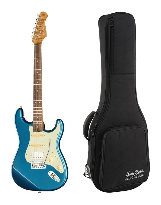 Harley Benton ST-Modern Plus HSS LPB w/Safe inquadrato di fronte su sfondo neutro