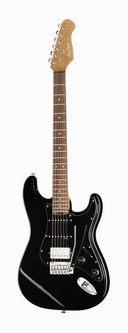 Harley Benton ST-Modern Plus HSS BK inquadrato di fronte su sfondo neutro