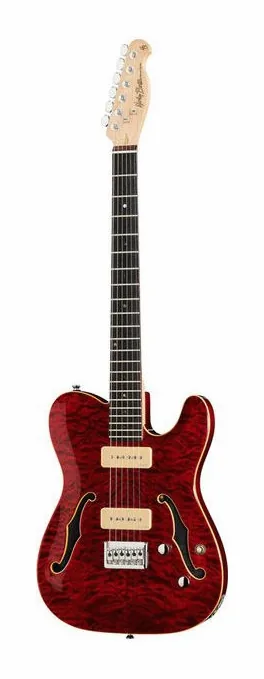 Harley Benton TE-90QM Trans Red inquadrato di fronte su sfondo neutro