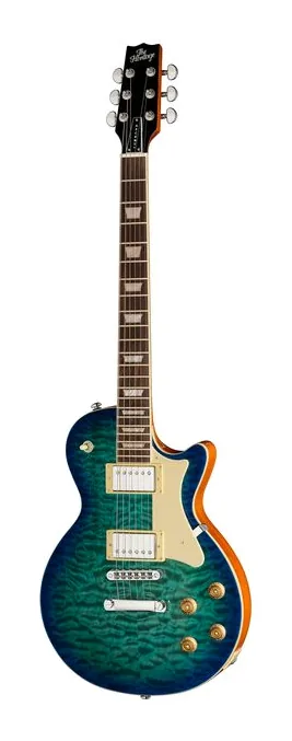 Heritage Guitar Ascent+ H-150 Lake Blue Burst inquadrato di fronte su sfondo neutro