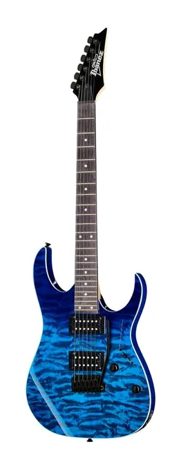 Ibanez GRG120QASP-BGD inquadrato di fronte su sfondo neutro