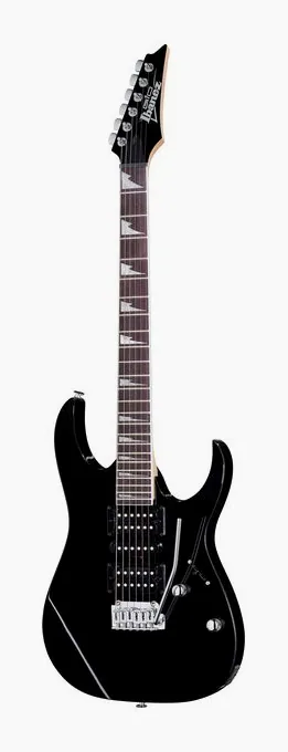 Ibanez GRG170DX-BKN inquadrato di fronte su sfondo neutro