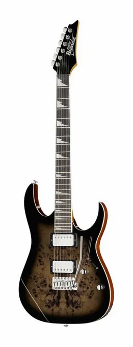 Ibanez GRG220PA1-BKB inquadrato di fronte su sfondo neutro
