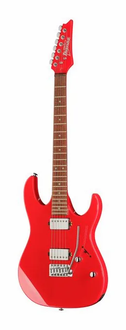 Ibanez GRX120SP-VRD inquadrato di fronte su sfondo neutro