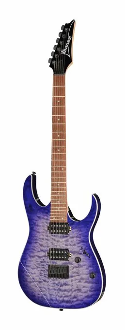 Ibanez RG421QM-CBB inquadrato di fronte su sfondo neutro