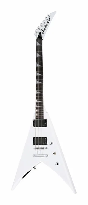 Jackson KVTMG Pro King V Snow White inquadrato di fronte su sfondo neutro