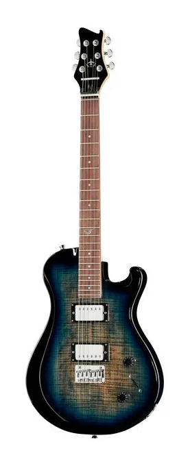 Journey Instruments OE990BL Travel El. Guitar FB inquadrato di fronte su sfondo neutro