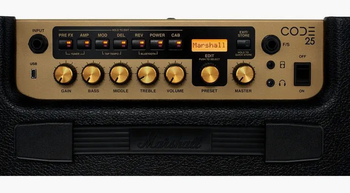 Marshall Code 25 w/Cover, logo e finiture del pannello frontale
