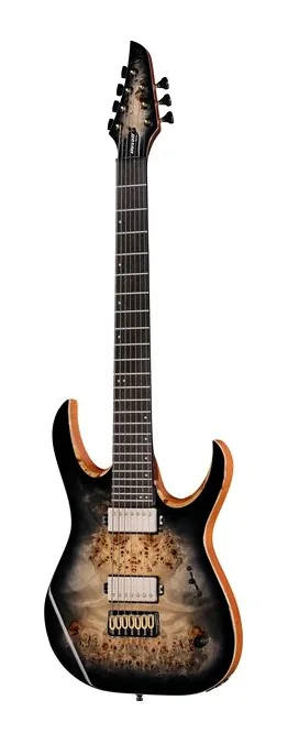 Mayones Guitars Duvell Elite 7 Baritone TBB fotografato frontalmente