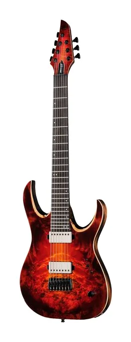 Mayones Guitars Duvell Elite 7 LBS inquadrato di fronte su sfondo neutro