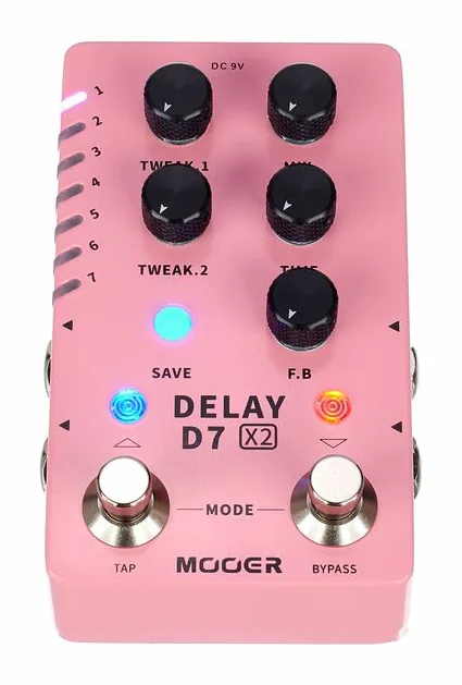 Mooer D7 X2 Delay, ingressi e uscite laterali