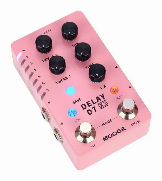 Mooer D7 X2 Delay, ingressi e uscite laterali