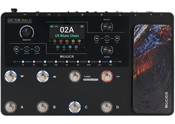 Mooer GE150 Max Li Amp Modeling, grafica del pannello superiore