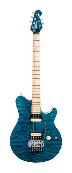 Music Man 30th Ann. Axis Quilt TRBL inquadrato di fronte su sfondo neutro