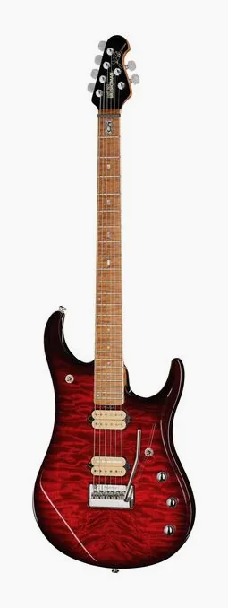 Music Man JP15 Baritone BFR Cherry CS inquadrato di fronte su sfondo neutro