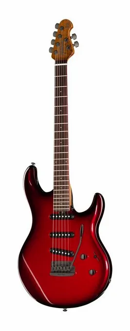 Music Man Luke IV SSS Redburst inquadrato di fronte su sfondo neutro