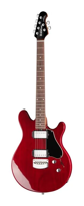 Music Man Valentine HH Cherry inquadrato di fronte su sfondo neutro
