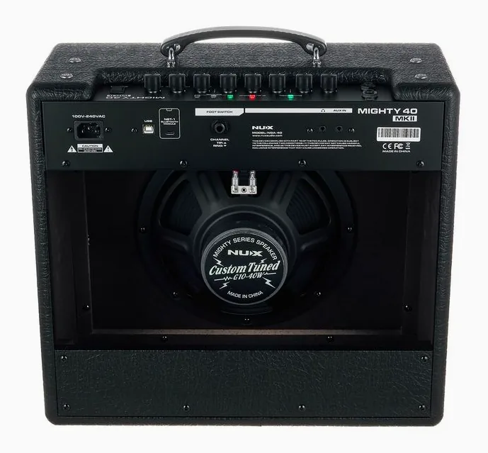 Nux Mighty 40 MKII, logo e finiture del pannello frontale