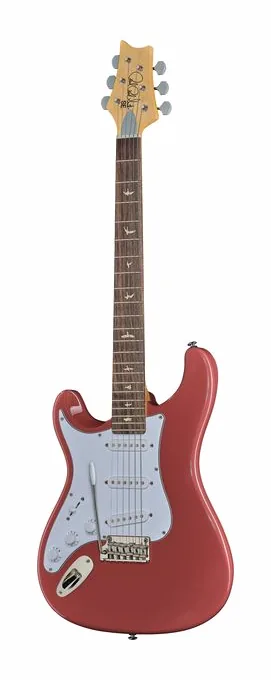 PRS SE Silver Sky Derby Red LH inquadrato di fronte su sfondo neutro