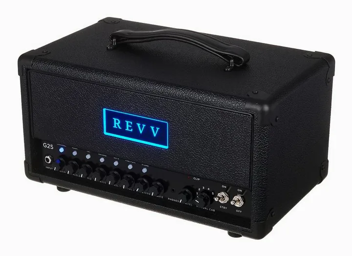 Revv G25 Tube Amp Head inquadrato di fronte su sfondo neutro