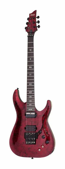 Schecter C-1 FR S Apocalypse Red Reign inquadrato di fronte su sfondo neutro