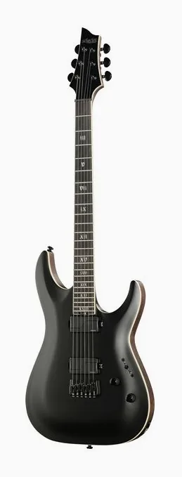 Schecter C-1 SLS Evil Twin Satin Black inquadrato di fronte su sfondo neutro